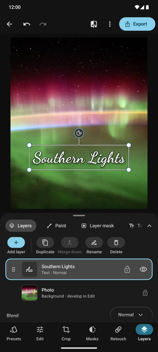 Layers: a script text layer reading Southern Lights over an aurora photo.