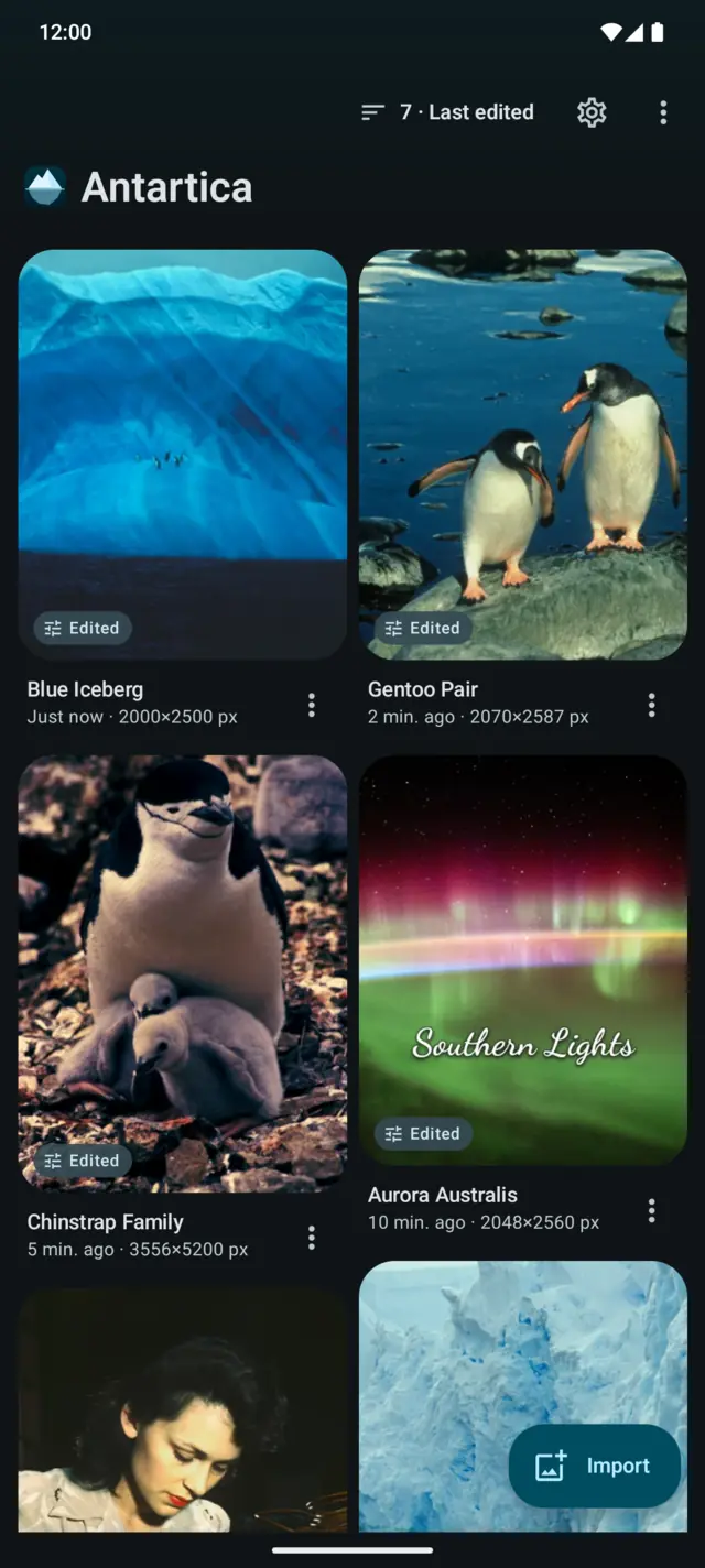 The Antartica library, showing seven edited photos: an iceberg, penguins, an aurora and a glacier.