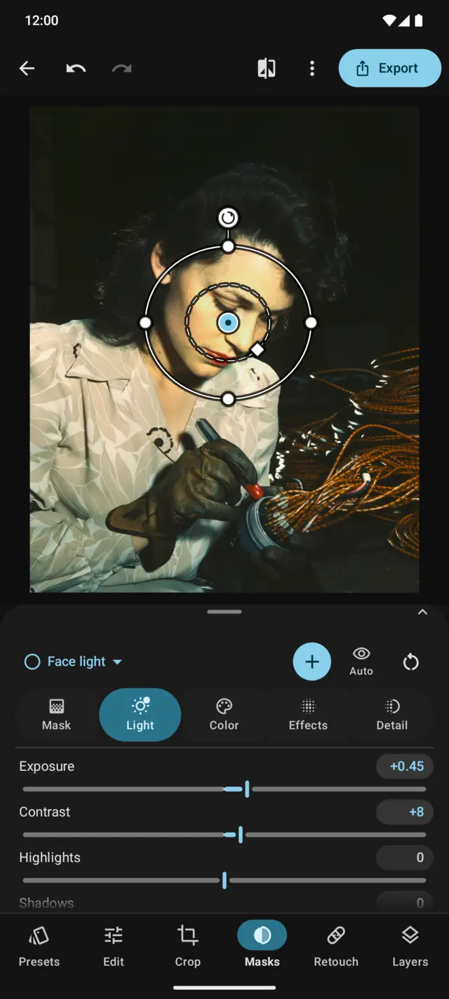 Masks: a radial mask around a face, brightened with its own exposure slider.