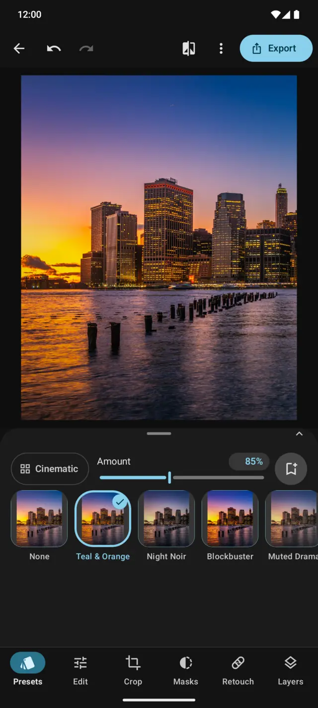 Presets: a Manhattan sunset with the Teal & Orange look applied at 85 percent.