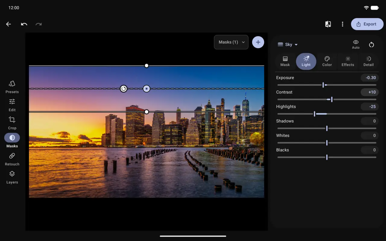 Antartica on a tablet: a linear sky mask over a Manhattan sunset, with a navigation rail on the left and the mask panel on the right.